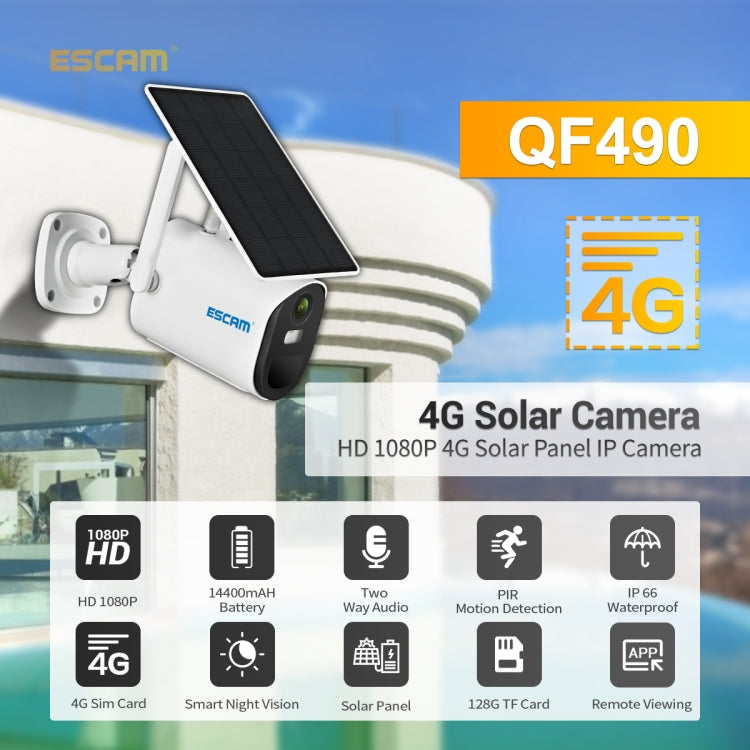 ESCAM QF490 HD 1080P 4G 3.8W Solar Panel IP Camera, EU Version, EU Version ESCAM QF490 HD 1080P 4G 3.8W Solar Panel IP Camera, EU Version, EU Version